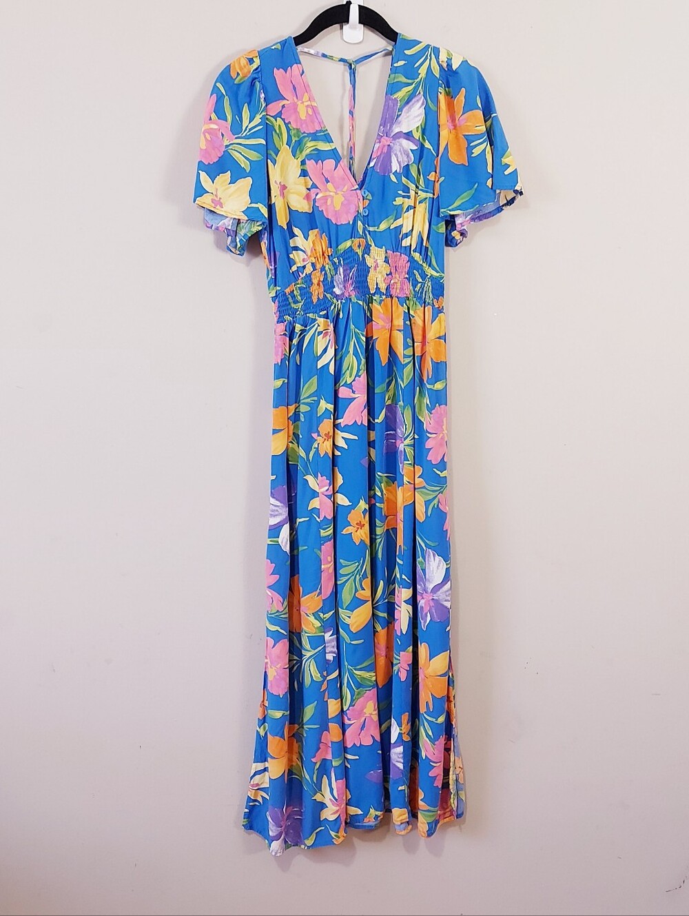 Abel The Label Maxi Dress Medium V-neck Floral Flowy Boho Front Slit Back Tie